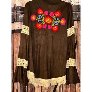 JUDITH MARCH Anthropology Embroidered Kimono Sweater Slash Pockets Women M fring